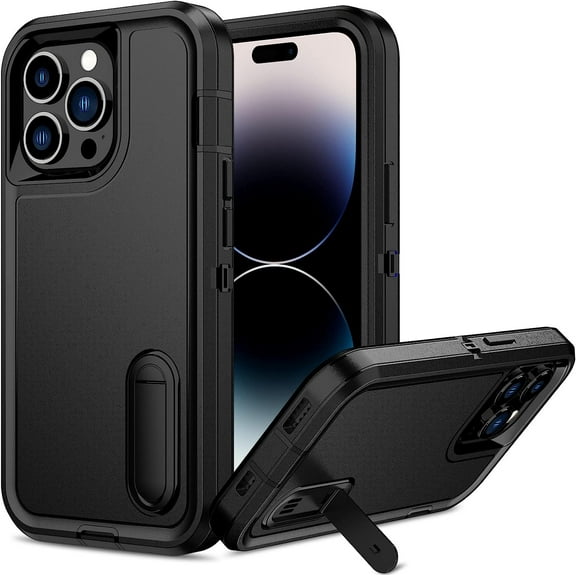 For iPhone 14 Pro Max Case[3 in 1 Extreme Protective] Heavy Duty Shockproof Anti-dust Port Cover Non-Slip Multi Layers Bumper Dropproof Kickstand Phone Case for iPhone 14 Pro Max(Black)