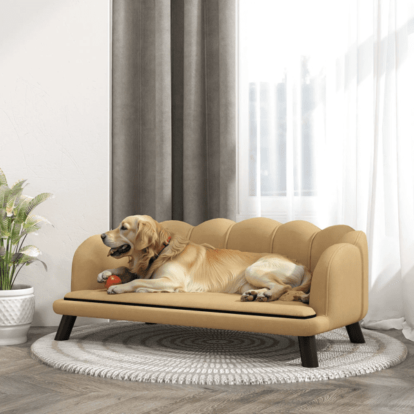 PawHut Velvet Elevated Dog Sofa Bed, Pearl Backrest Design with Birch Wood Legs for Medium & Large Dogs up to 55 lbs