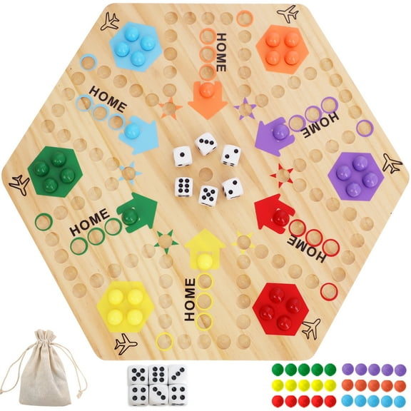 Original Marble Game Wahoo Board Game Double Sided Painted Wooden Fast Track Board Game for 6 and 4 Players 6 Colors 24 Marbles 6 Dice for Family Friends