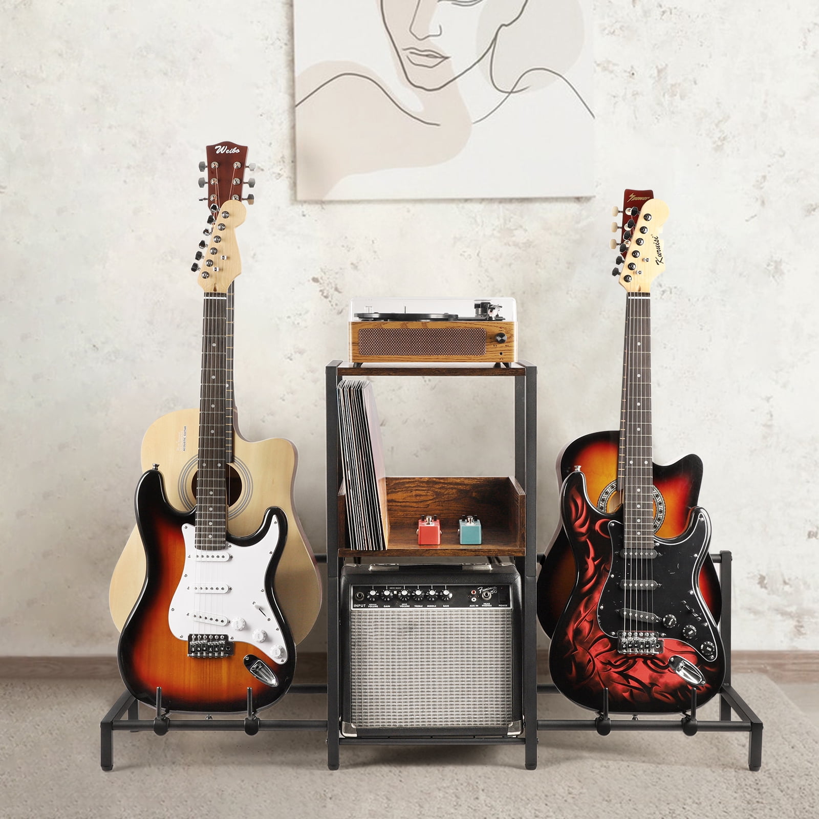 Olakee Adjustable 4-Tier Guitar Stand for Acoustic Electric Bass, with Wood Shelf for Amp Accessories Vinyl Records, Home Studio Rack (Patent)