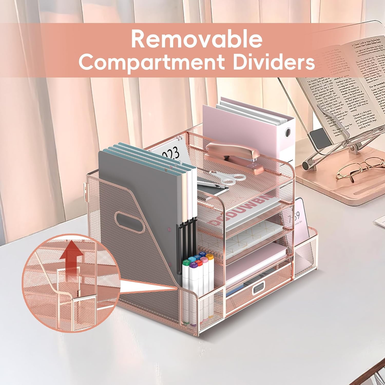 INTIGE 5-Tier Mesh Desk Organizer with File Holder, Paper Letter Tray Organizer with Magazine Holder, Rose Gold