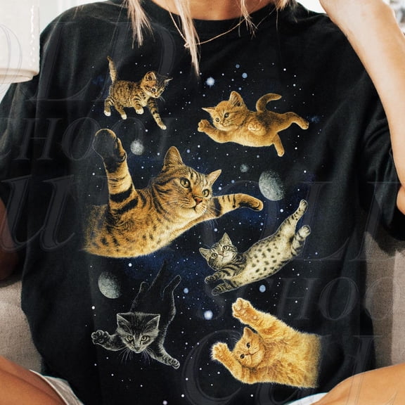 Cats In Galaxy Space Vintage Graphic T-Shirt, Retro 90S Style Funny Kitten Shirt Cosmic Animal Print Top Gift For Cat Lovers, Animal Tee BLACK Unisex S-5XL Hot Trending Shirt, Vintage Birthday Gift
