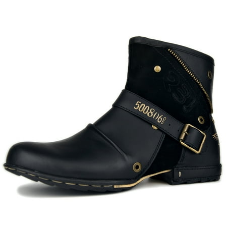 

OSSTONE Moto Boots Chukka Boots for Men Fashion Zipper-up Leather Casual Shoes 5008-6-Black-12 Black