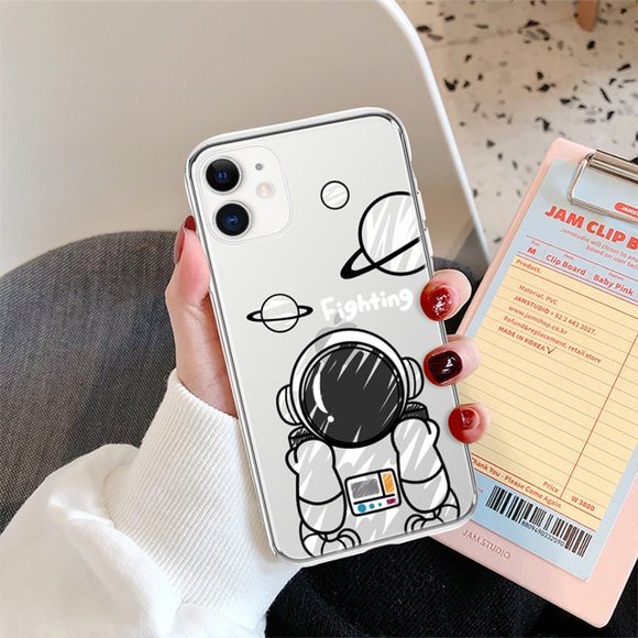 Coque de Téléphone en Silicone Transparent pour iPhone 11 12 13 Pro Max 14 Pro X XR XS Max 7 8 Plus Mignon Astronaute Dessin Animé Plante Couverture Arrière Coque