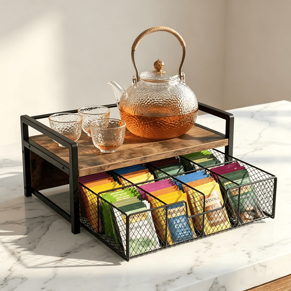 Wooden Tea Bag Organizer with Storage Drawer, Tea Station Chest for Countertop, Teabag Holder Display Box for Kitchen, Rustic Brown
