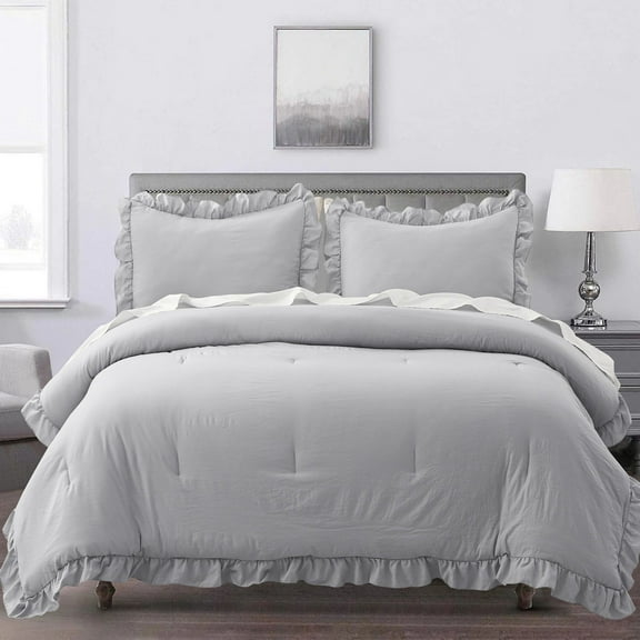 SLEEPBELLA 3pcs Luxury Ruffled Edge Trim , Soft Microfiber Inner Fill Down Alternative Shabby Chic Bedding Set, Gray (Queen)