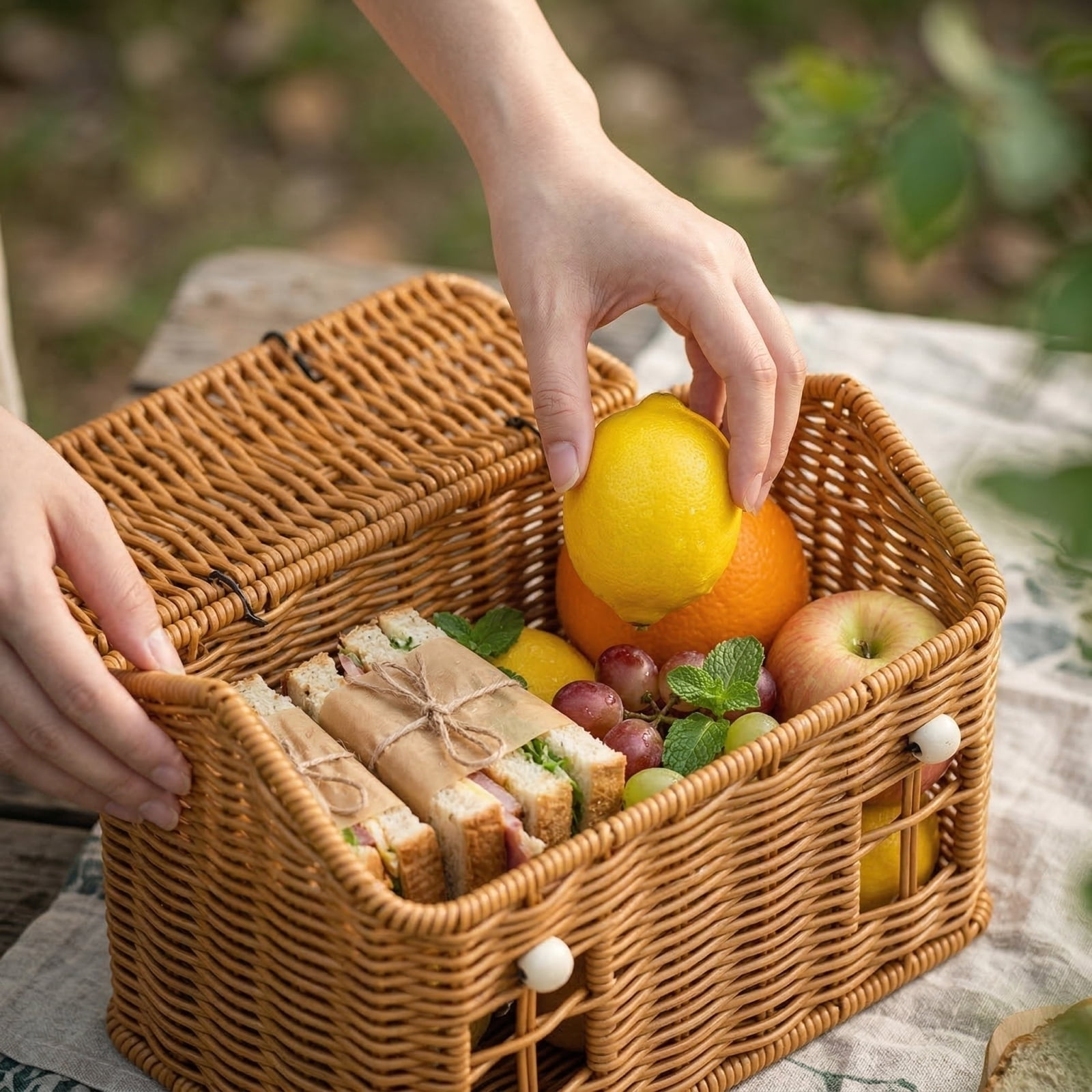 Woven Wicker Easter Basket with Lid and Foldable Handle, Decorative Storage Basket for Home Pantry Organization Picnic and Spring Holiday Decor