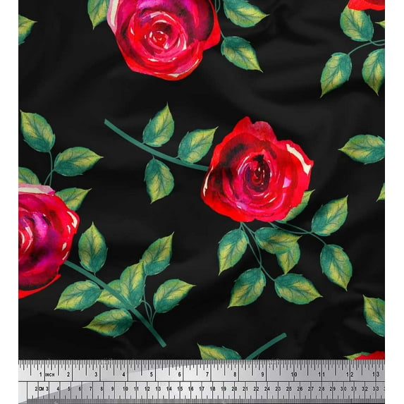 Soimoi Black Cotton Duck Fabric Leaves & Rose Floral Printed Craft Fabric by the Yard 42 Inch Wide
