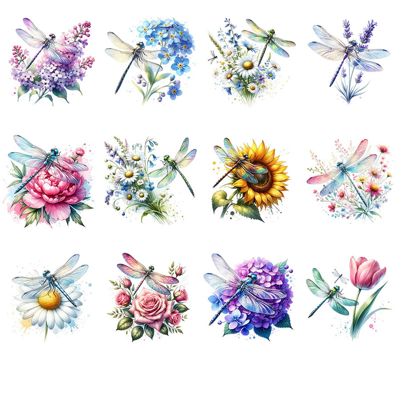 12pcs Floral Dragonfly UV DTF Cup Wrap Transfer Sticker Glass Coffee Mugs Greeting Card Decal School Handmade Crafts Party Decor
