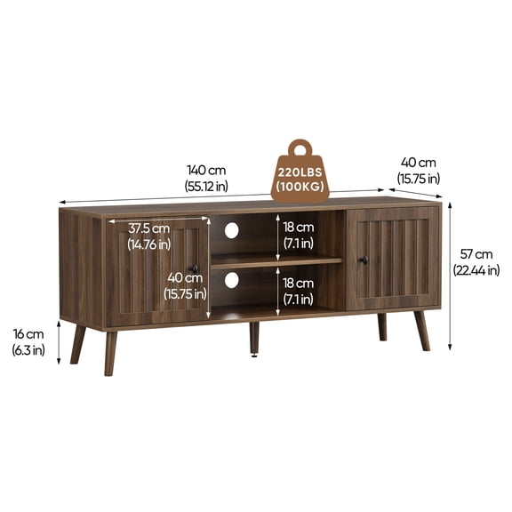55-Inch Wooden TV Cabinet with Adjustable Shelves, Walnut Entertainment Center for Living Room, Mid-Century Modern TV Stand with Storage, Cable Management