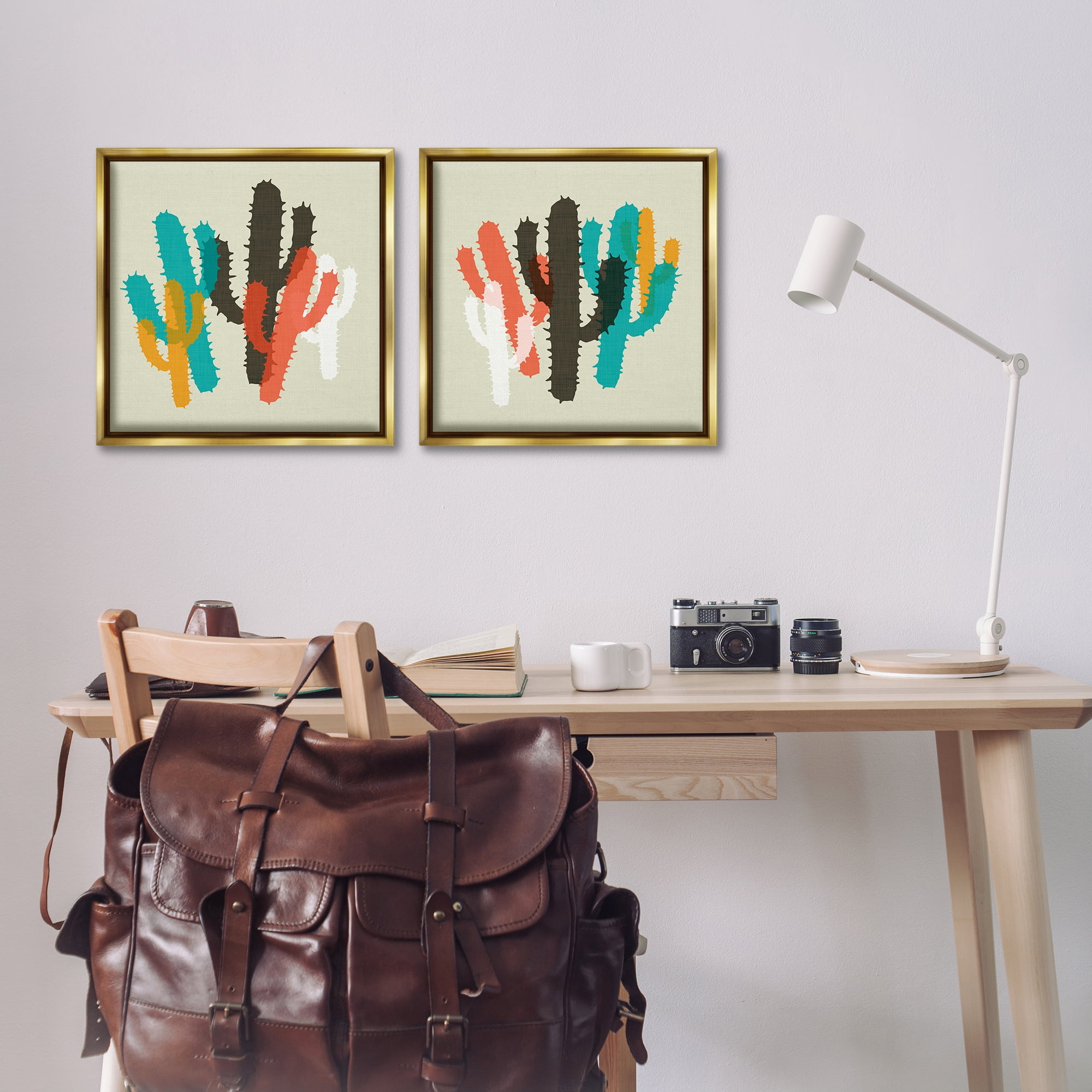 Stupell Industries Vibrant Overlapping Cactus Abstract Painting Gold Floater Framed Canvas Art Print Wall Art, 18 x 18, Set of 2
