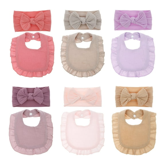 6 Piece Baby Girl Cotton Absorbent Bib Set, Ruffled Lace with 6 Bow Hairband