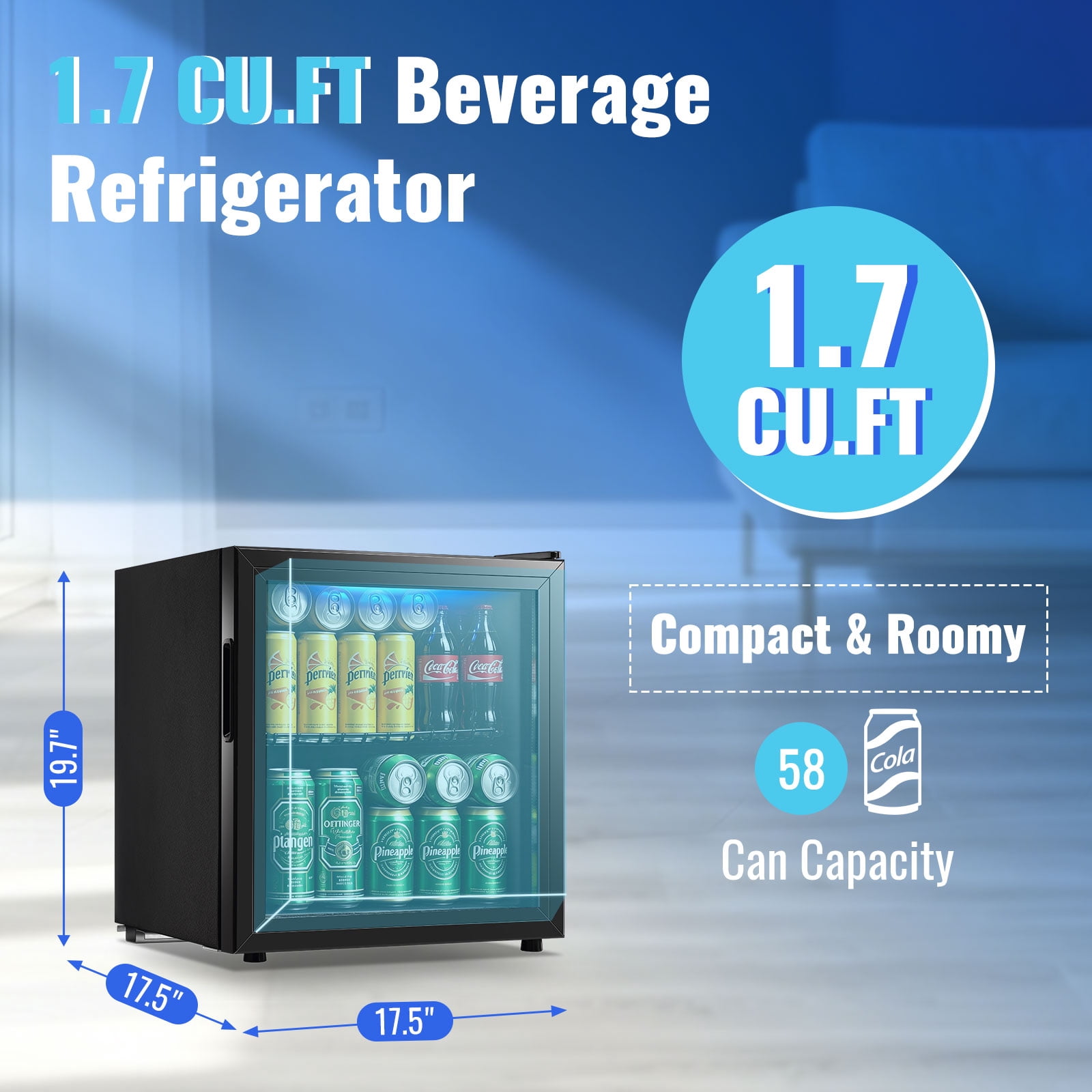 WANAI 58 Can Beverage Fridge & Cooler Small Mini Fridge Glass Door for Soda Beer or Wine for Home&Bar