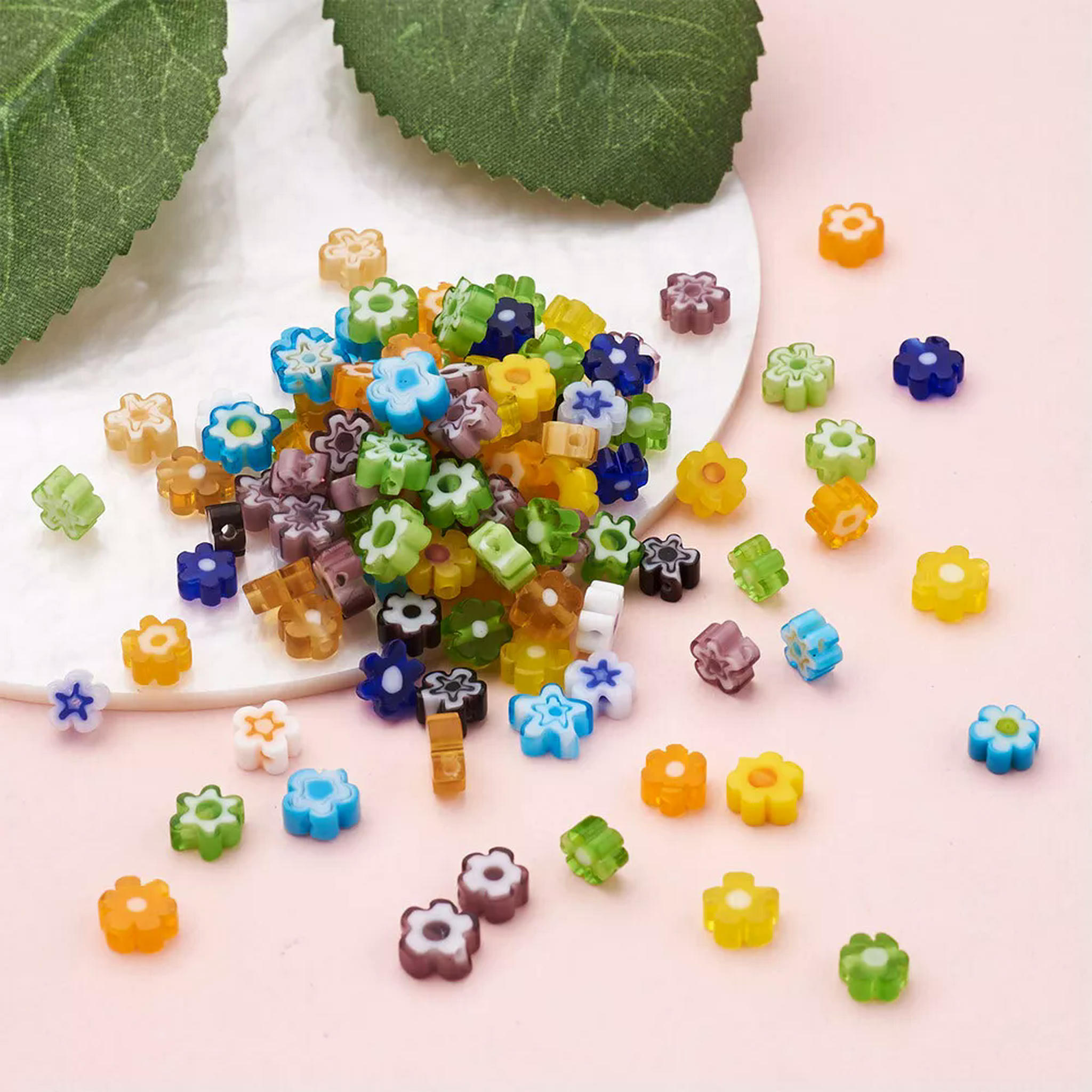 EOEMY 300Pcs 10 Colors Flower Handmade Millefiori Glass Beads Colorful Loose Spacer
