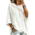 thumbnail image 3 of Hooded Drawstring Waffle Knit Pullovers for Women Oversized 3/4 Length Sleeve Loose Fit Hoodies Soft Lightweight Casual Sweatshirts Tops,L,White, 3 of 7