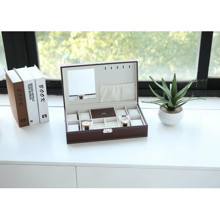 Jewelry Box Lock Set Ktaxon Watch Jewelry Storage Box 8 Slots Watch Storage Leather Case with Lock and Mirror for Men Women Brown ()