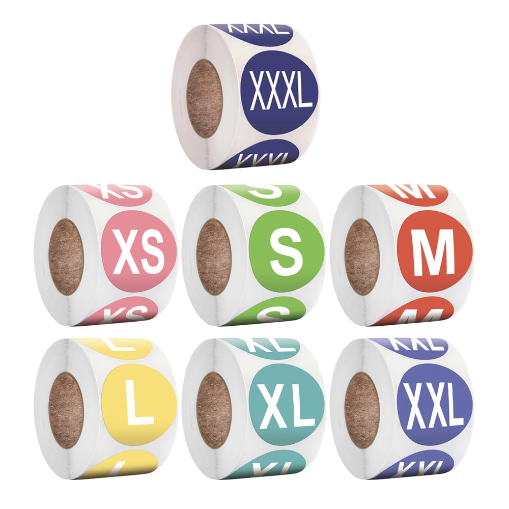 Colorful Coded Clothing Size Stickers, 1 Inch Diameter Self Adhesive Apparel Size Labels For Clothing Retail (7 Sizes: XS, S, M, L, XL, XXL, XXXL), Easy to Use, Eye-catching, Professional Look
