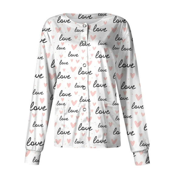 Valentine's Day Scrub Jacket for Women Long Sleeve Button Down Nursing Uniform Heart Print Medical Workwear Jacket with Pockets 2026 Pink L