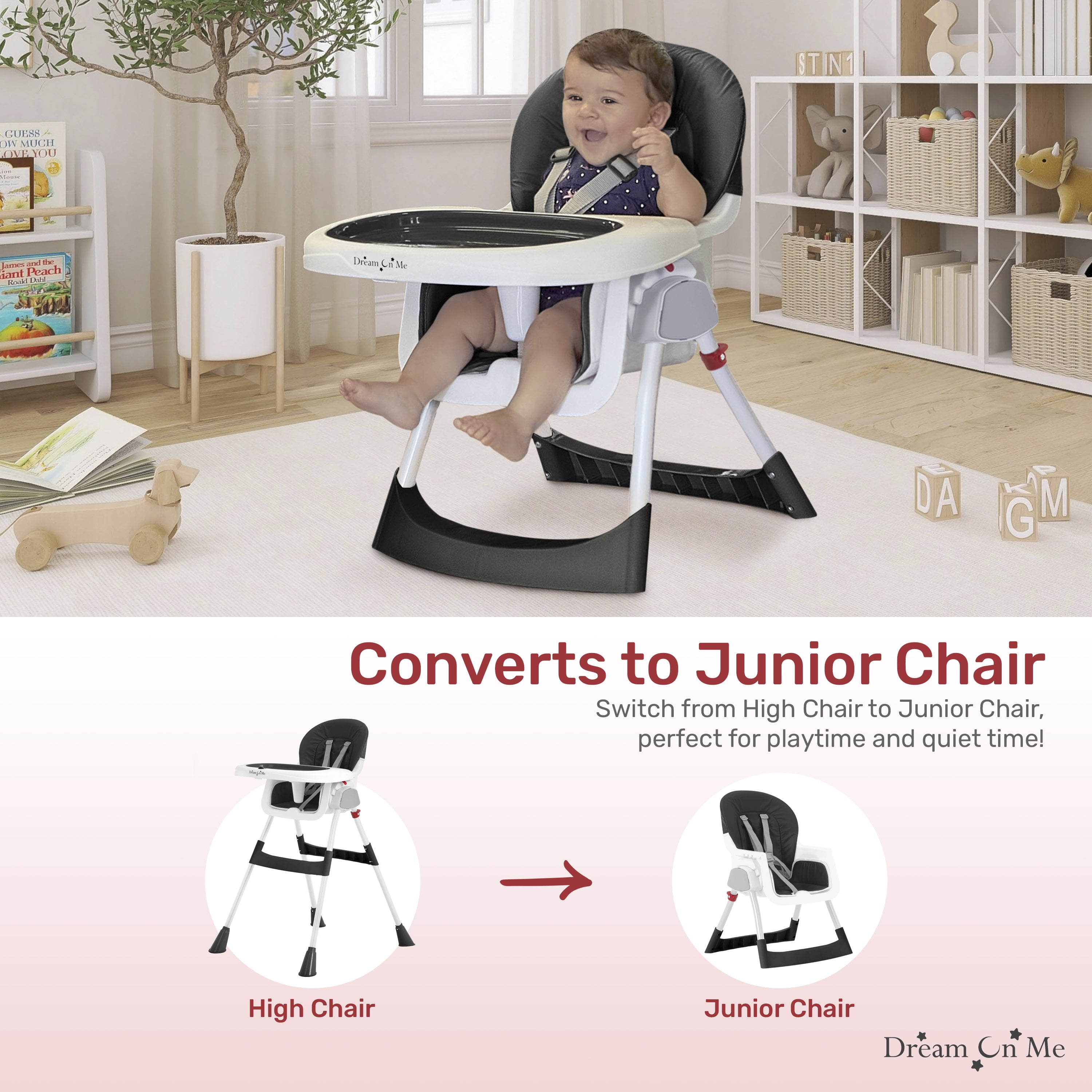 Dream On Me Portable 2-in-1 Table Talk Baby High Chair, Convertible, Compact and Light Weight, Black