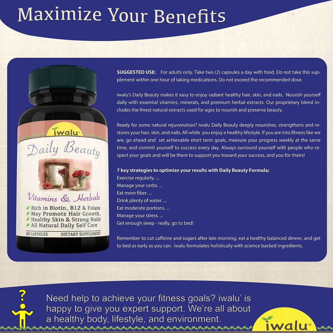 iwalu Daily Beauty | Hair Skin & Nails Vitamins | Botanical Supplement for Hair Growth, Radiant Skin, Strong Nails | Vegan, Non-GMO | 60 Vegan Capsules | NSF Certified & USA Made