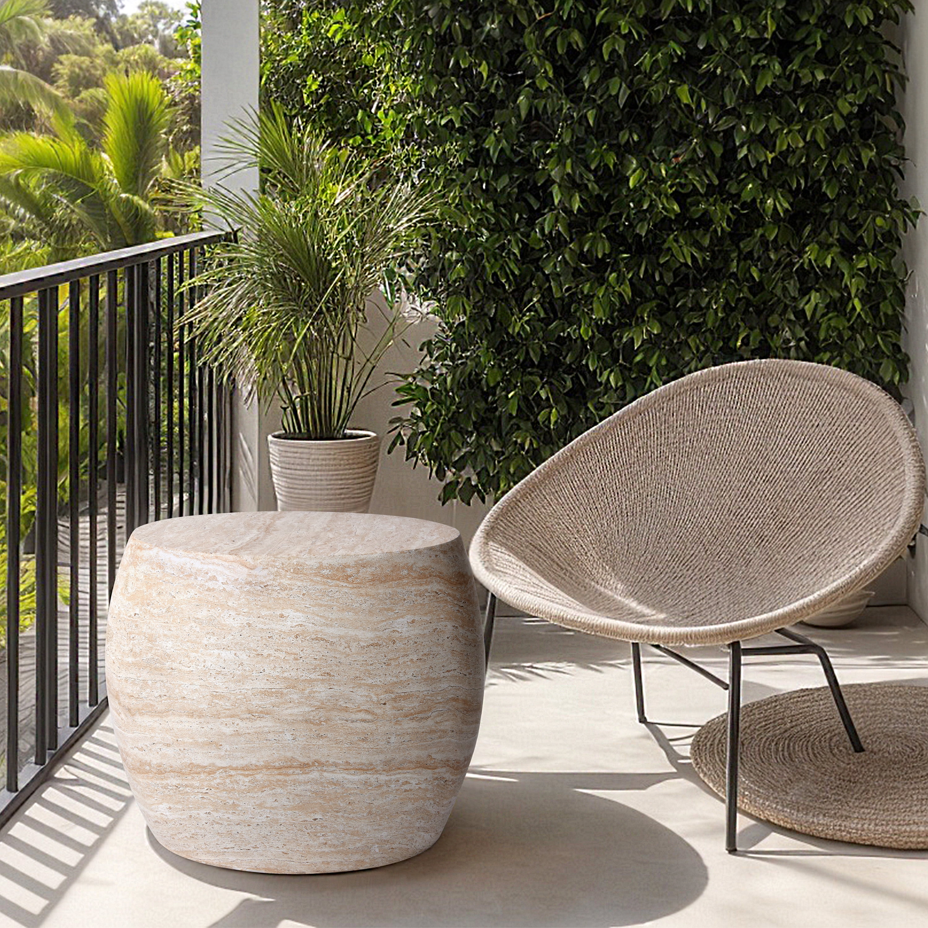 Oval Travertine Stone Finish Italian Design MgO Side Accent Table
