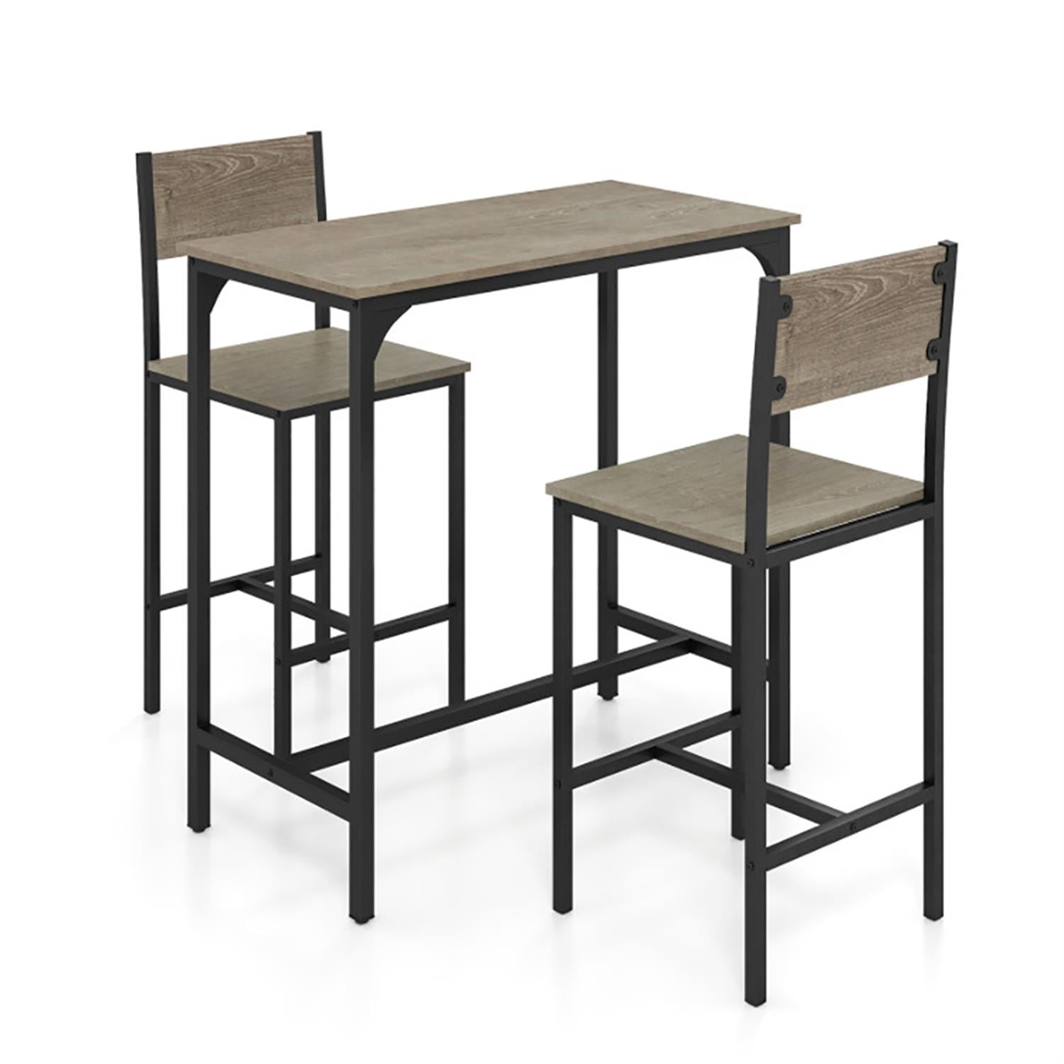 Demi Bonn 3-Piece Bar Table Set with Backrest and Footrest, 35" Wooden Square Kitchen Dining Table Set, Perfect for Small Space, Gray