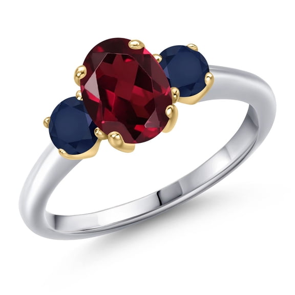 Gem Stone King 925 Silver and 10K Yellow Gold Red Rhodolite Garnet and Blue Sapphire Engagement Ring for Women | 2.05 Cttw | Oval 8X6MM | Gemstone January Birthstone | Size 7