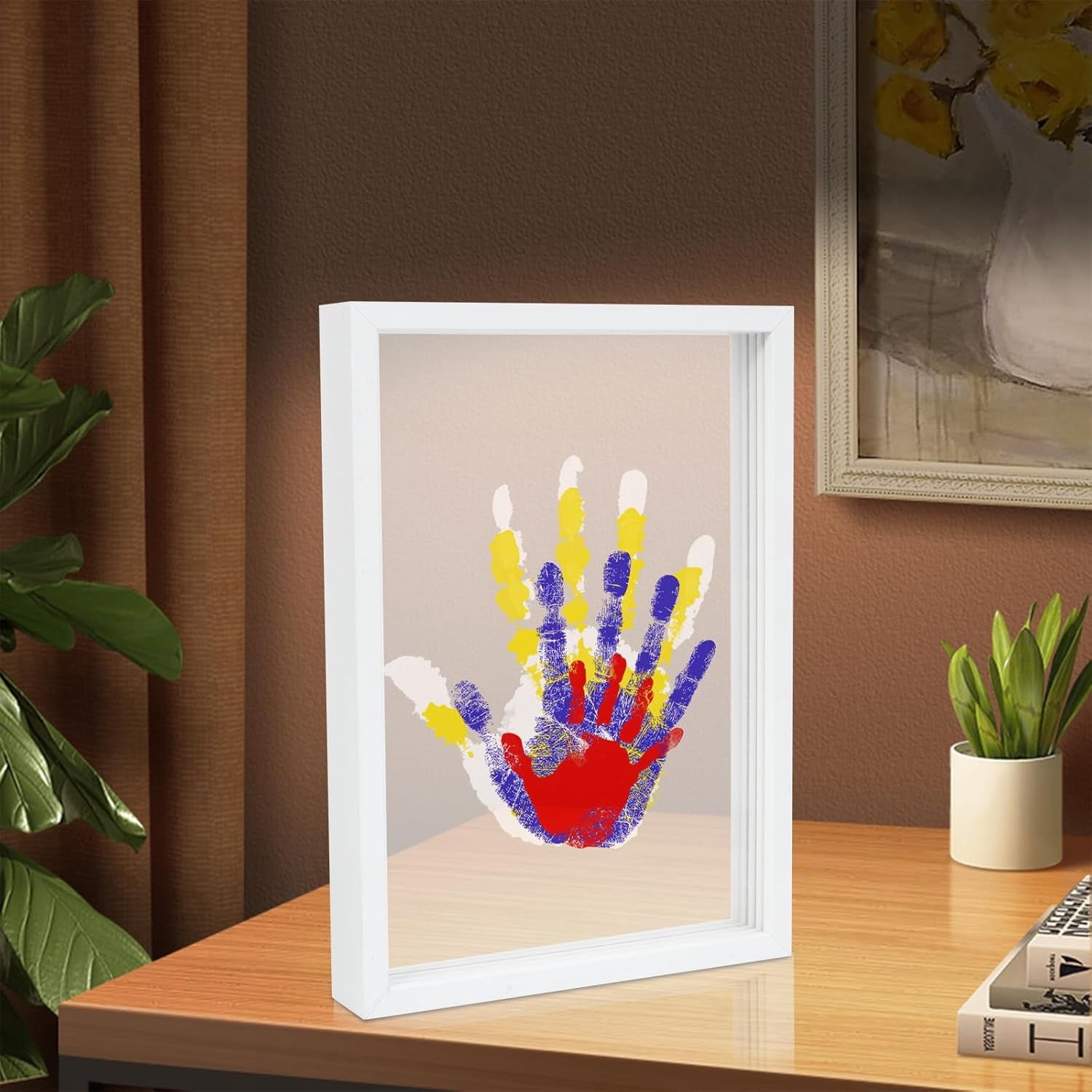 Family Handprint Kit, DIY Craft Keepsake Frame,Baby Hand Print Kits,Handmade Keepsake Wooden Frame Endless Gift Set 4 Transparent Sheets 6 Non -Toxic Paint Colors,Family Gifts for New Mom, New Parents