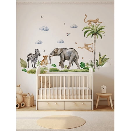 Watercolor forest animal stickers, Elephant wall decals, jungle plant stickers, animal decals Peel and Stick Wall Art Decals Kids Bedroom Baby Nursery