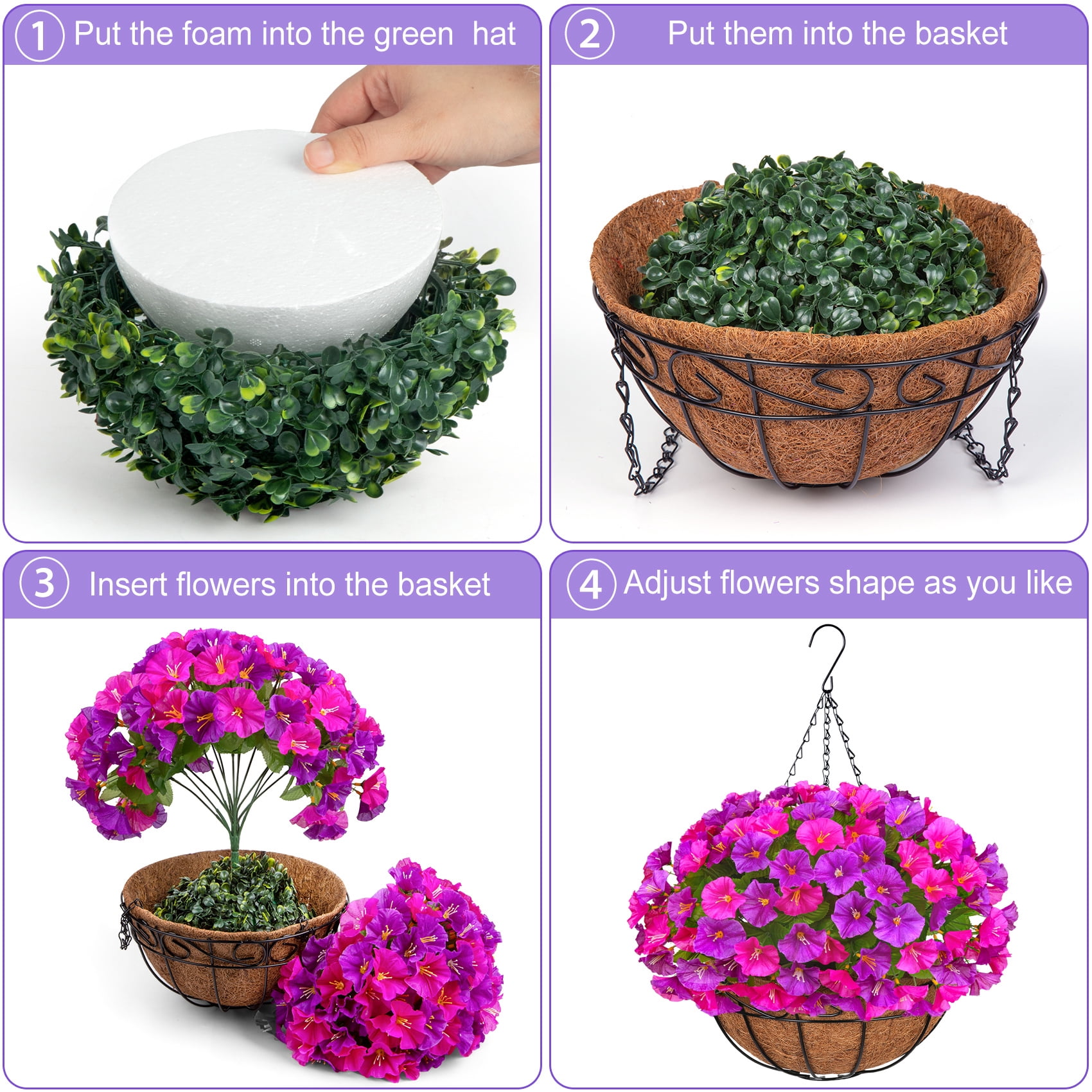 AcerichFad Artificial Hanging Flowers, 4 PCS Fake Silk Flowers Faux Plants with Coconut Basket for Spring Summer Indoor Outdoor Home Decor, Rose Red and Fuchsia