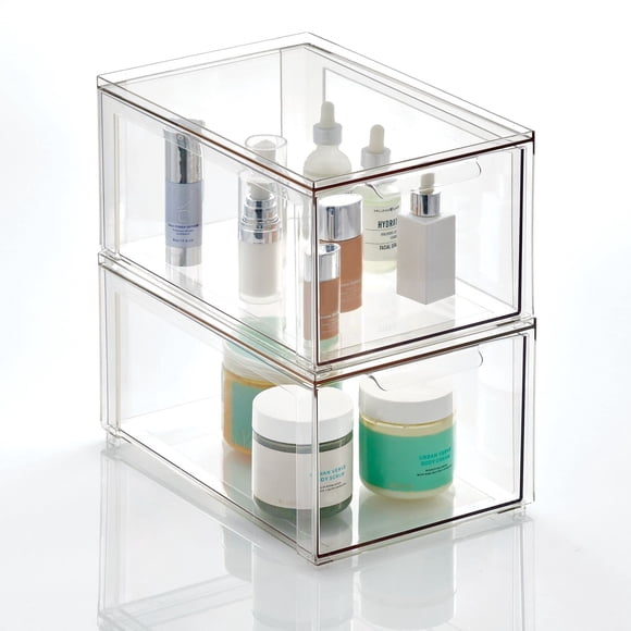 mDesign Plastic Stackable Bathroom Storage with Pull Out Bin Organizer Drawer for Cabinet, Vanity, Shelf, Cupboard, Cabinet, or C