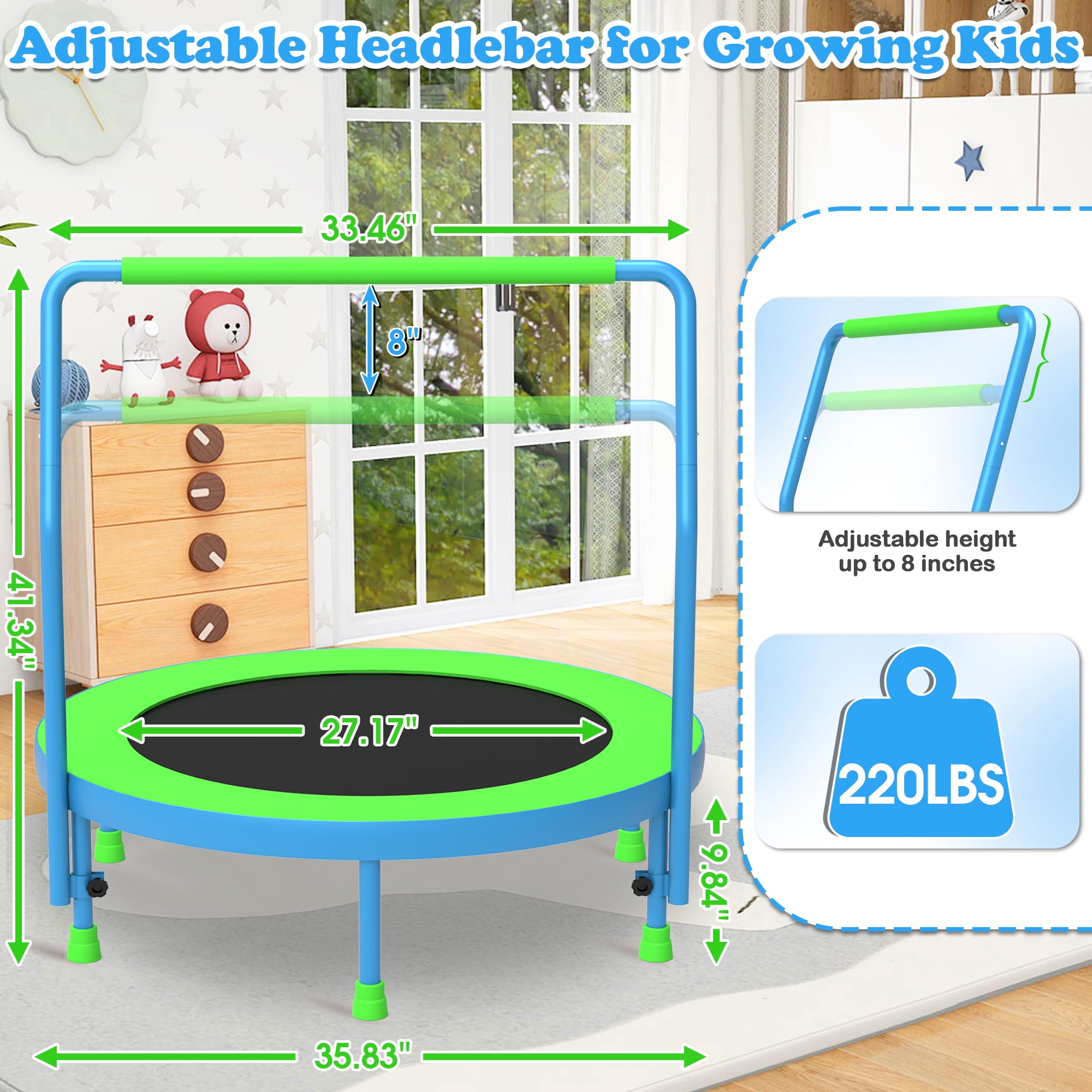 Cochan 36inch Mini Trampoline for Kids, 3FT Small Indoor Trampoline with Handlebar Ages 1-6, Foldable Kids Trampoline for Toddlers, Brithday Gift for Boy and Girl