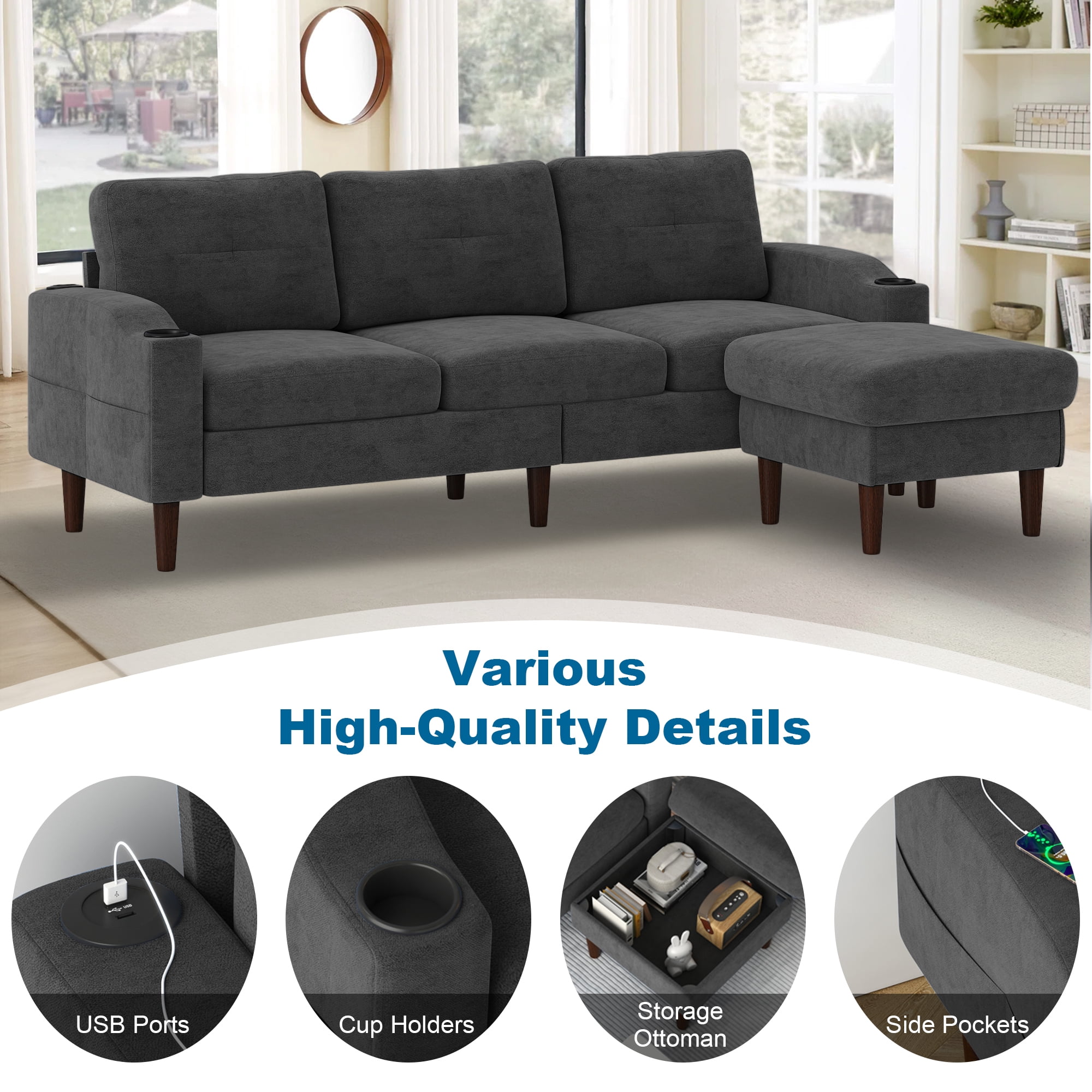 Aukfa L Shaped Sectional Sofa with USB Ports and Cup Holders, 78" 3 Seater Couch with Storage Ottoman, Dark Gray