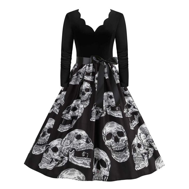 Disfraces de Halloween con estampado de calaveras para mujer, manga larga, vestido de ama de casa de los años 50, fiesta de noche, graduación, disfraces de cosplay elegantes y aterradores