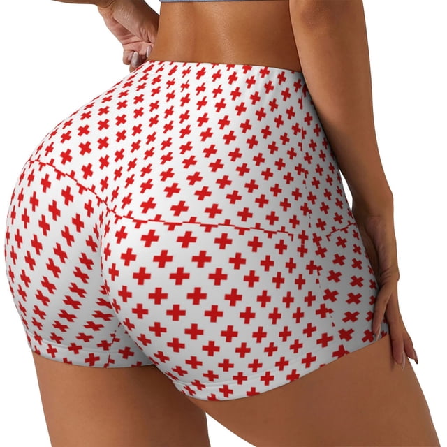 Fotbe Red Cross Shorts Sin Costuras – Shorts Deportivos de Cintura Alta para Mujer, Elásticos para Gimnasio, Yoga, Running o Ciclismo-Large