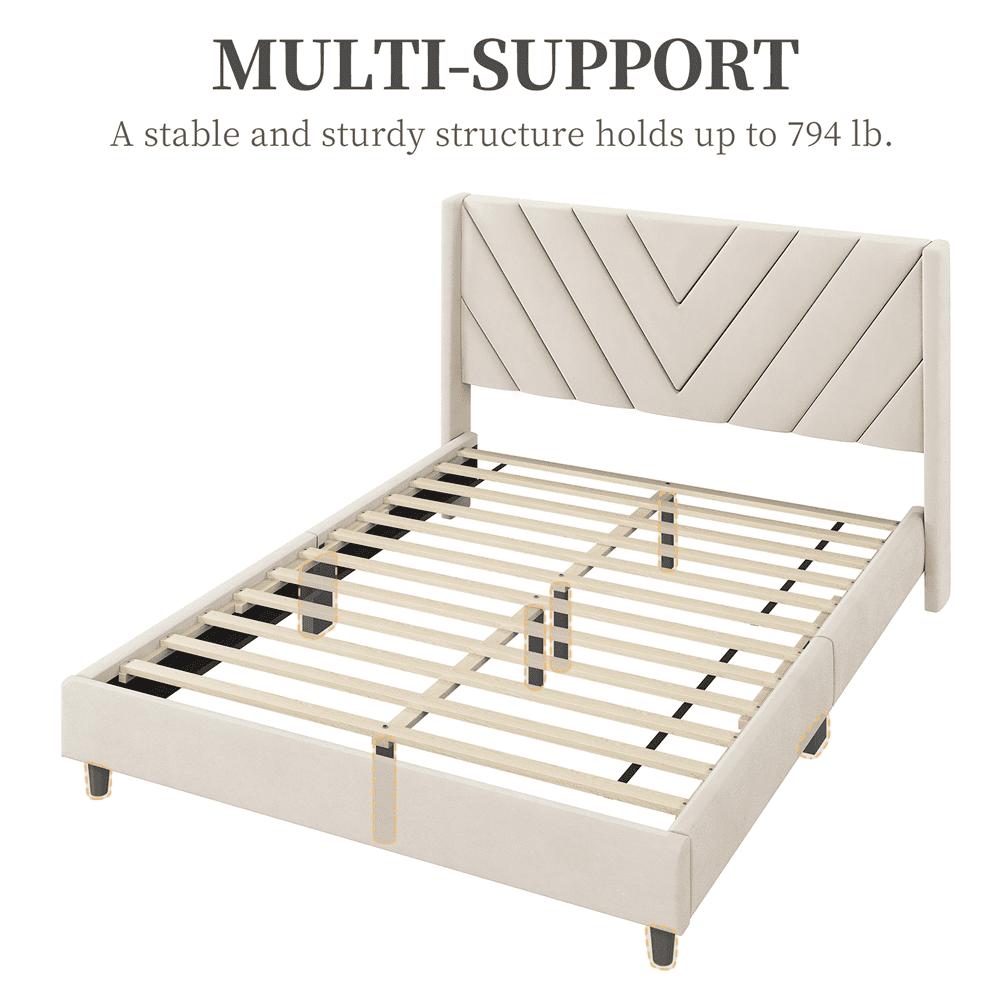 Renwick Queen Size Modern Upholstered Platform Bed with Slat Support, Beige
