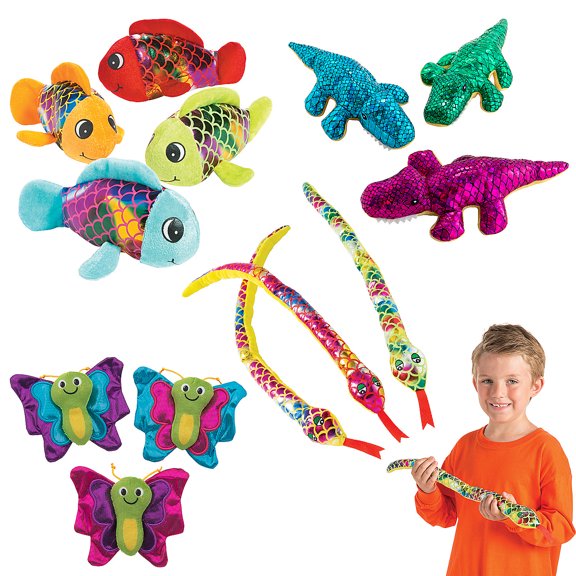 Fun Express 4" - 21" Bulk 48 Pieces Metallic Stuffed Animal Character Assortment