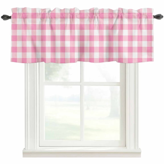 Pink Buffalo Check Rod Pocket Curtain Valance, Valentine's Day Modern Rustic Plaid Farmhouse Window Valance for Living Room, Bedroom, Kitchen 42"W x 12"L