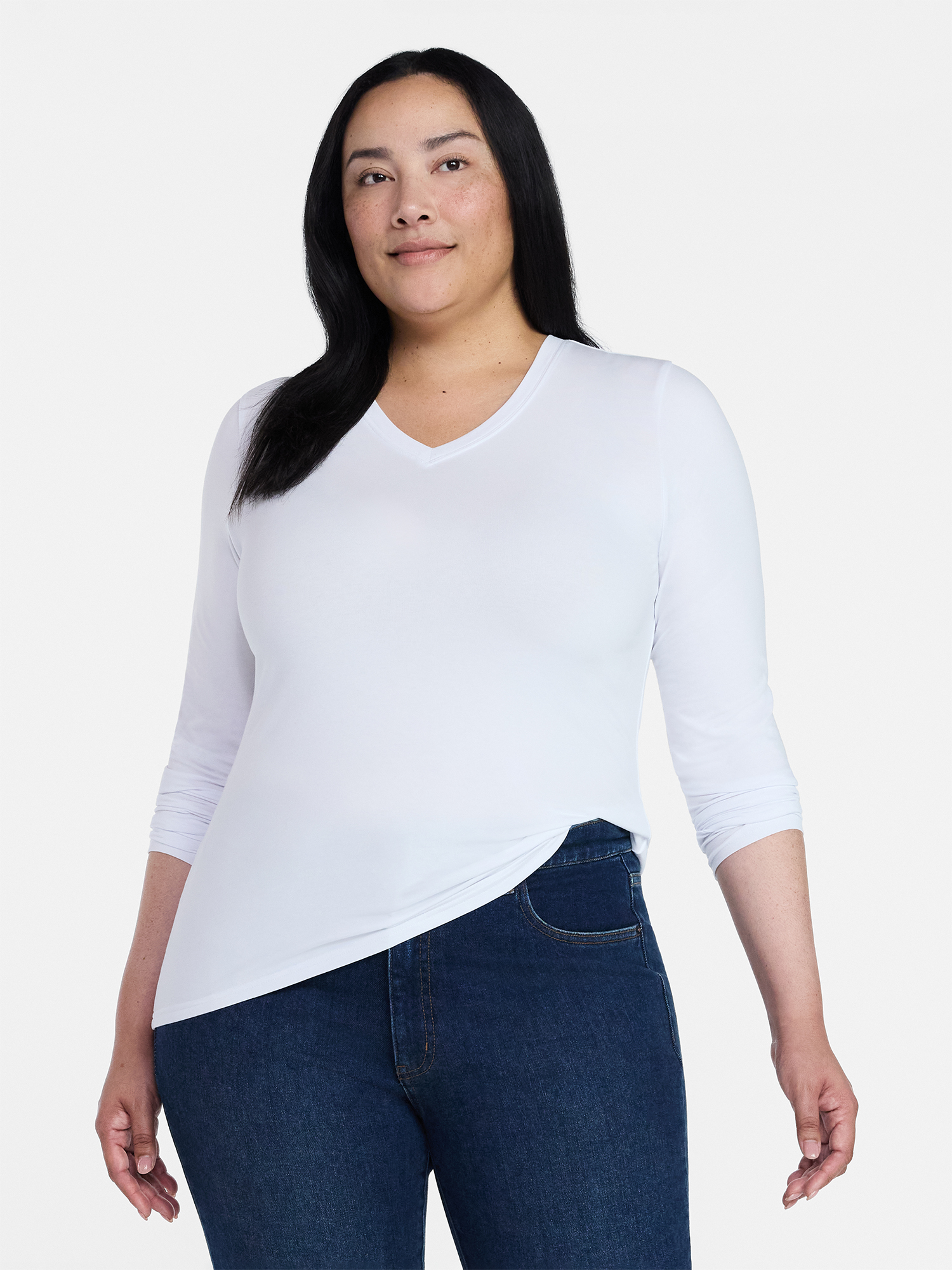 Time and Tru Women's Slim V-Neck Tee with Long Sleeves, Sizes XS-XXXL