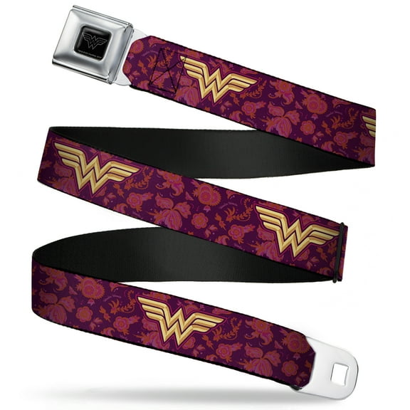 DC Comics Belt, Seatbelt Buckle Belt, Wonder Woman Logo Floral Collage Purple Pinks Gold, 30 to 44 Inches