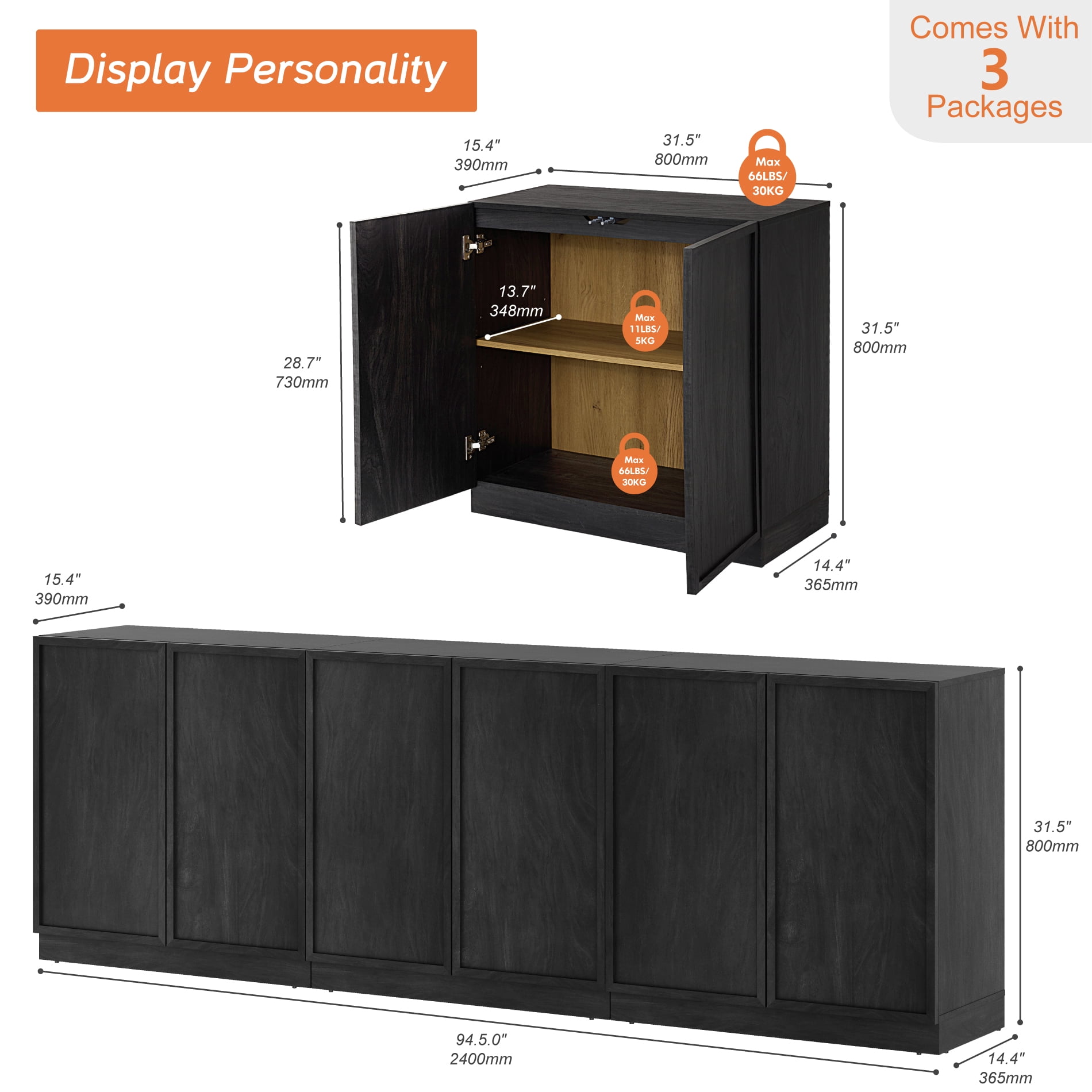 94.5" Modern Sideboard Buffet Cabinet with 6 Doors, Multifunctional Sideboard with Large Storage and Adjustable Shelf, Black