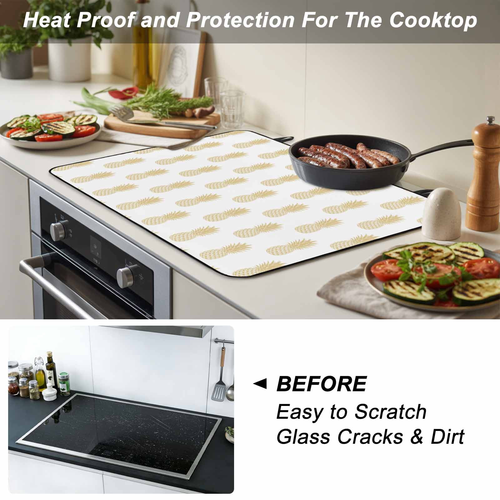 Yellow Pineapple Stove Top Cover for Electric Stove, Heat-proof & Non Slip Glass Top Stove Cover Protector, Vintage Summer Tropical Fruit Kitchen Flat Cooktop Rubber Mat 31x24 Inches