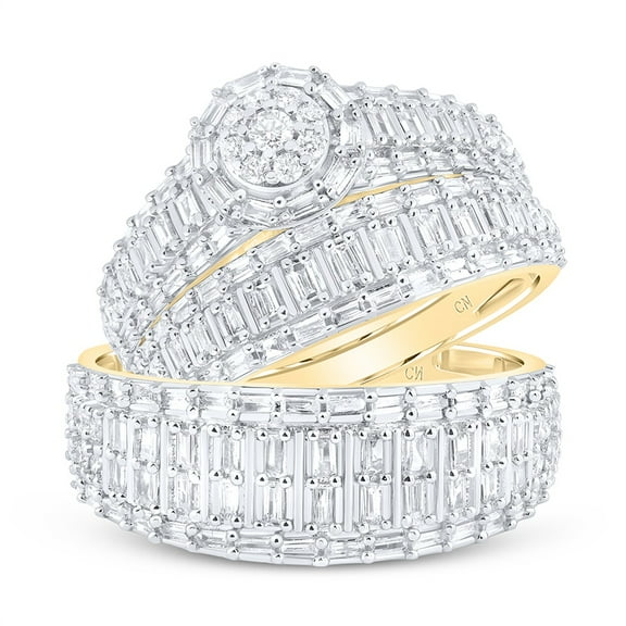 10K Yellow Gold Round & Baguette Cut Diamond Men's Wedding Band & Women's Bridal Set Geometric Halo Flower Matching Trio Set 1 3/8 CT.