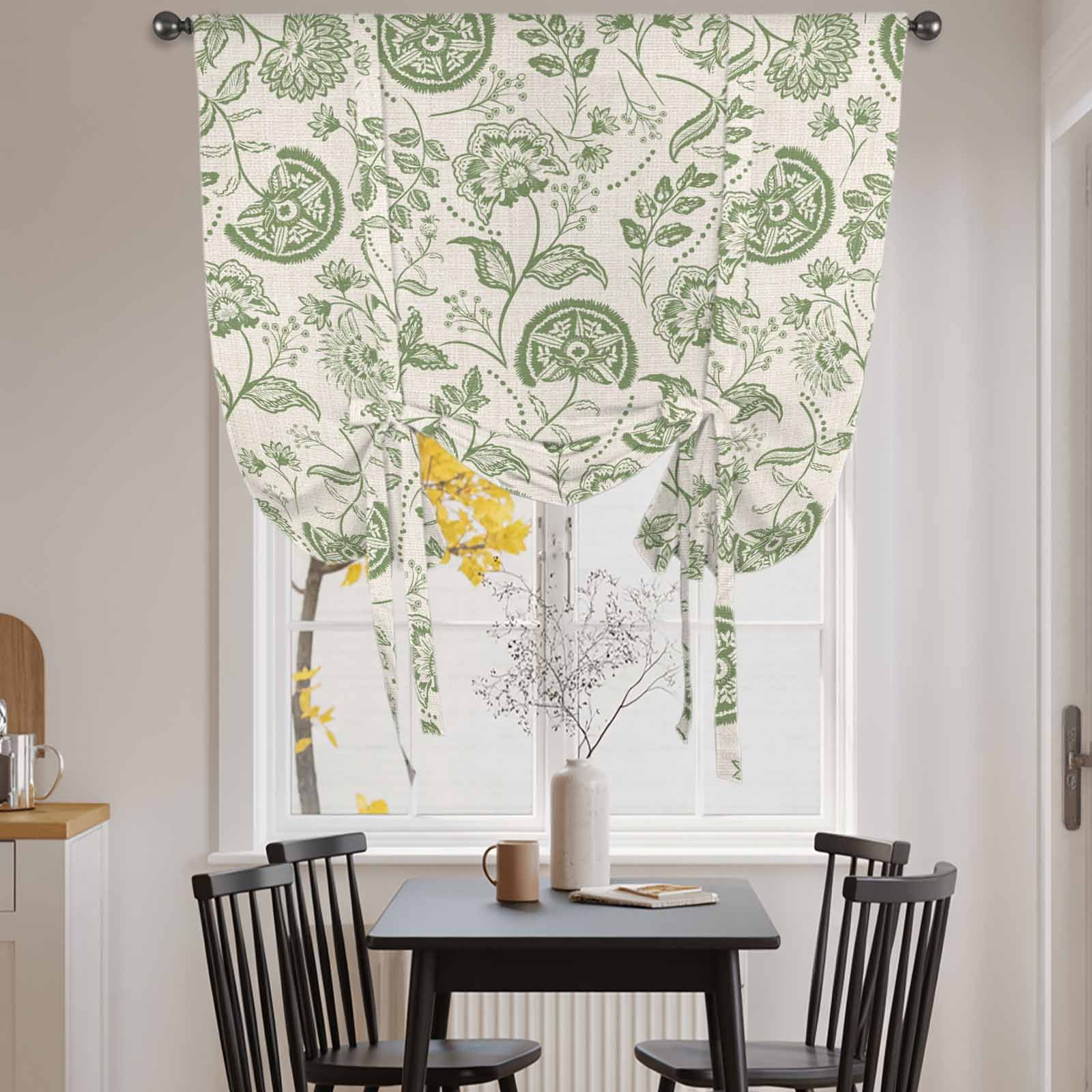 Farmhouse Sage Green Floral Tie Up Curtains, Linen Boho Flower Rustic Country Adjustable Rod Pocket Balloon Curtains Light Blocking Window Treatment for Kitchen Living Room Bedroom, 34 × 45 In