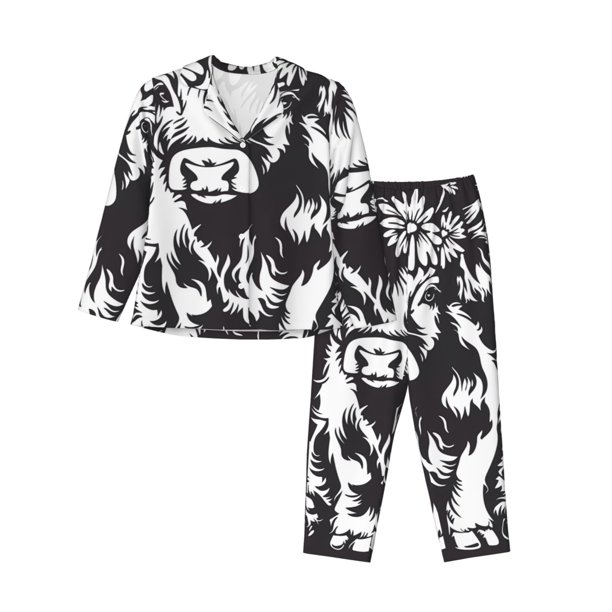 Balery Floral Cow Silhouette Conjunto de Pijama con Estampado para Mujer, Conjunto de Dos Piezas con Manga Larga, Ropa de Dormir Suave con Bolsillos, Pijamas Cómodos-Small