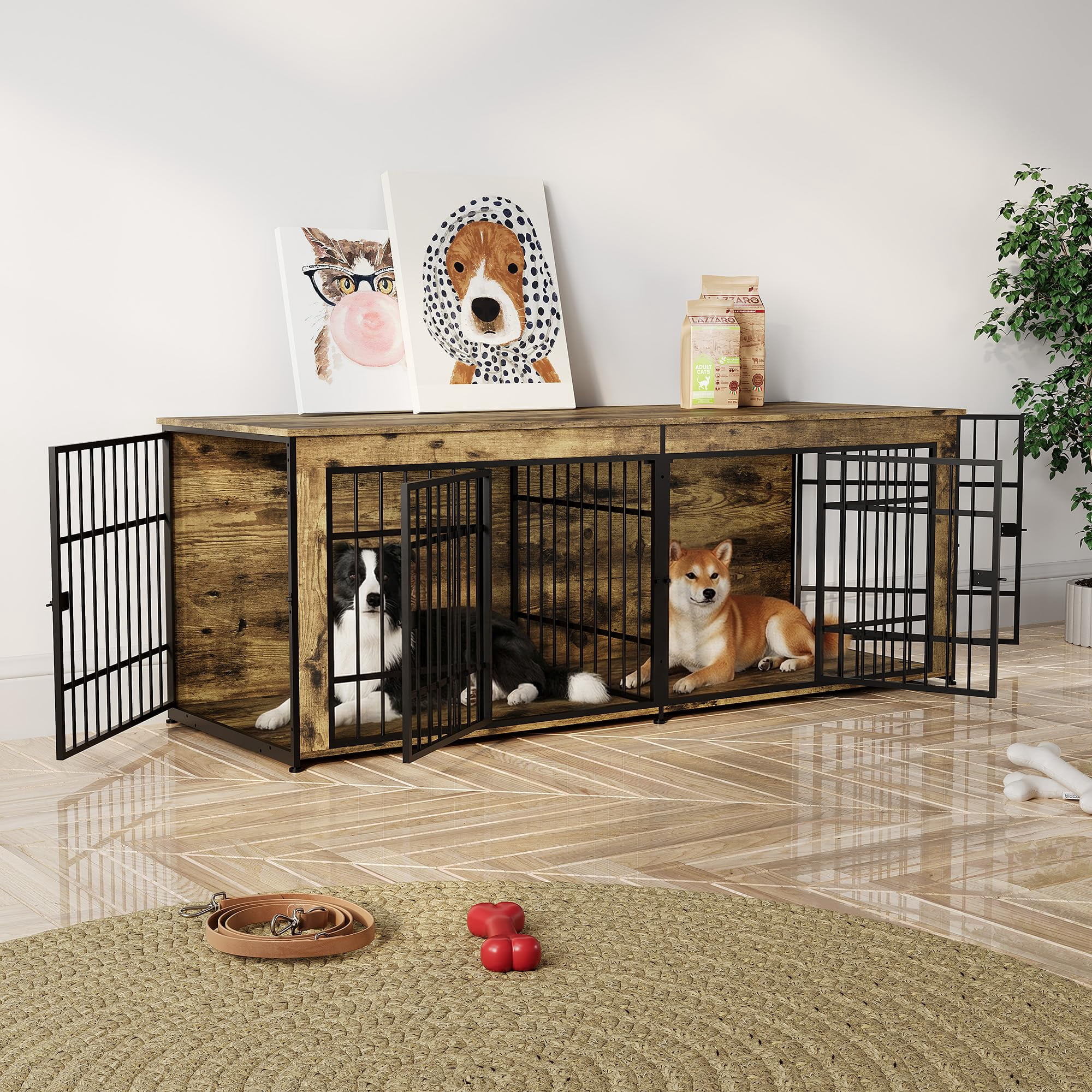 Heavy Duty Extra Large Wooden Dog House Furniture – 4 Doors & Divider – Decorative End Table TV Stand, Indoor Kennel for Large/Medium Dogs – Rustic Tiger Wood, 2m