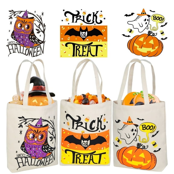 Joyfy 3 Pcs 13.75" Halloween Trick or Treat Bags with Handles, Reusable Canvas Gift Bag for Party Favor Supplies,Halloween Bags for Kids