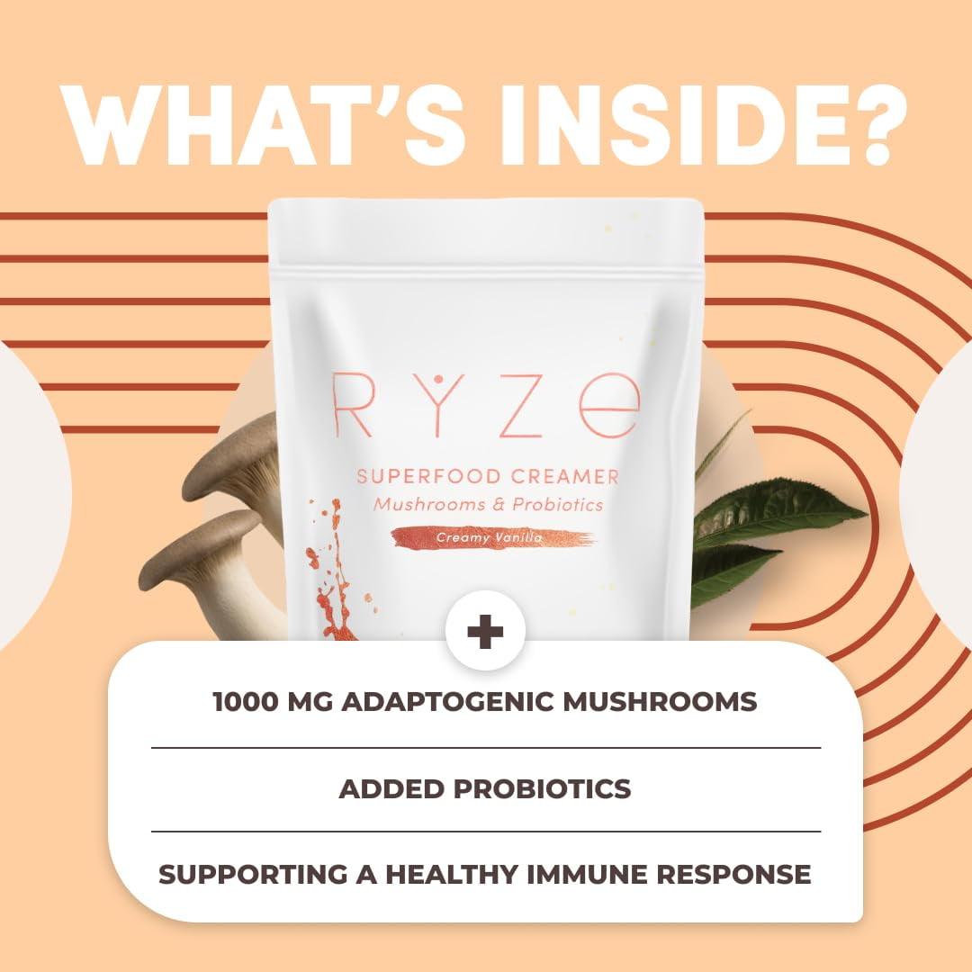 RYZE Superfood Probiotic Creamer with 6 Organic Adaptogenic Mushrooms & 1 Billon CFU Probiotics for Energy, Focus, Digestion, Immunity, 30 Serving