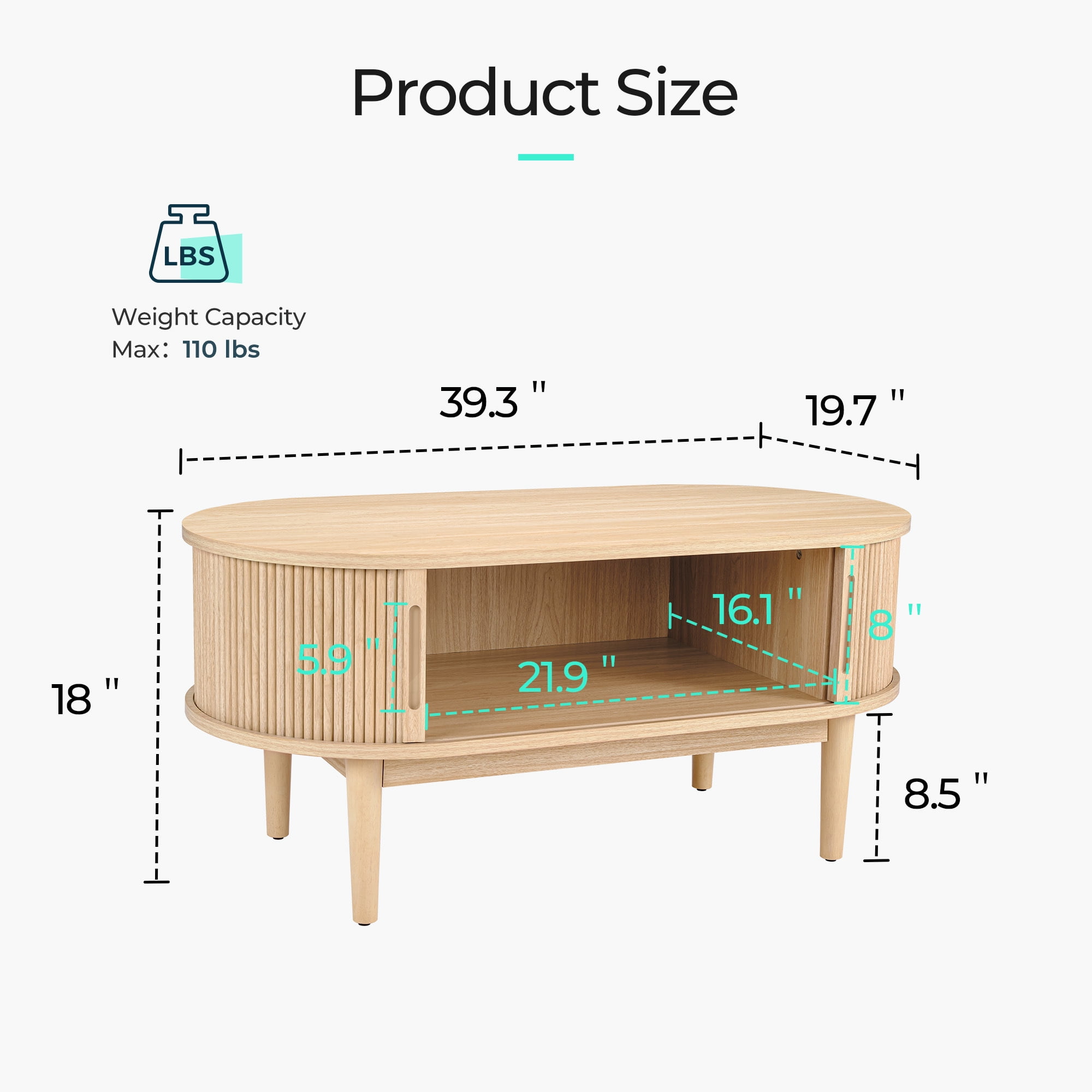LINSY HOME Fluted Coffee Table with Storage, Mid-Century Coffee Table for Living Room with Sliding Tambour Door, Oak