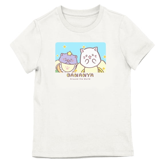 Bananya White And Violet Banana Cats Youth Girl White Short Sleeve Tee-Large